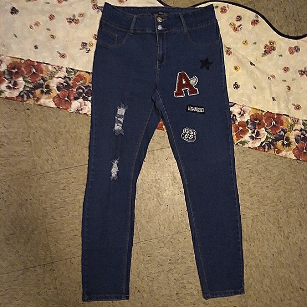 Blue Girl Distressed with Patches Jeans, Size: 16